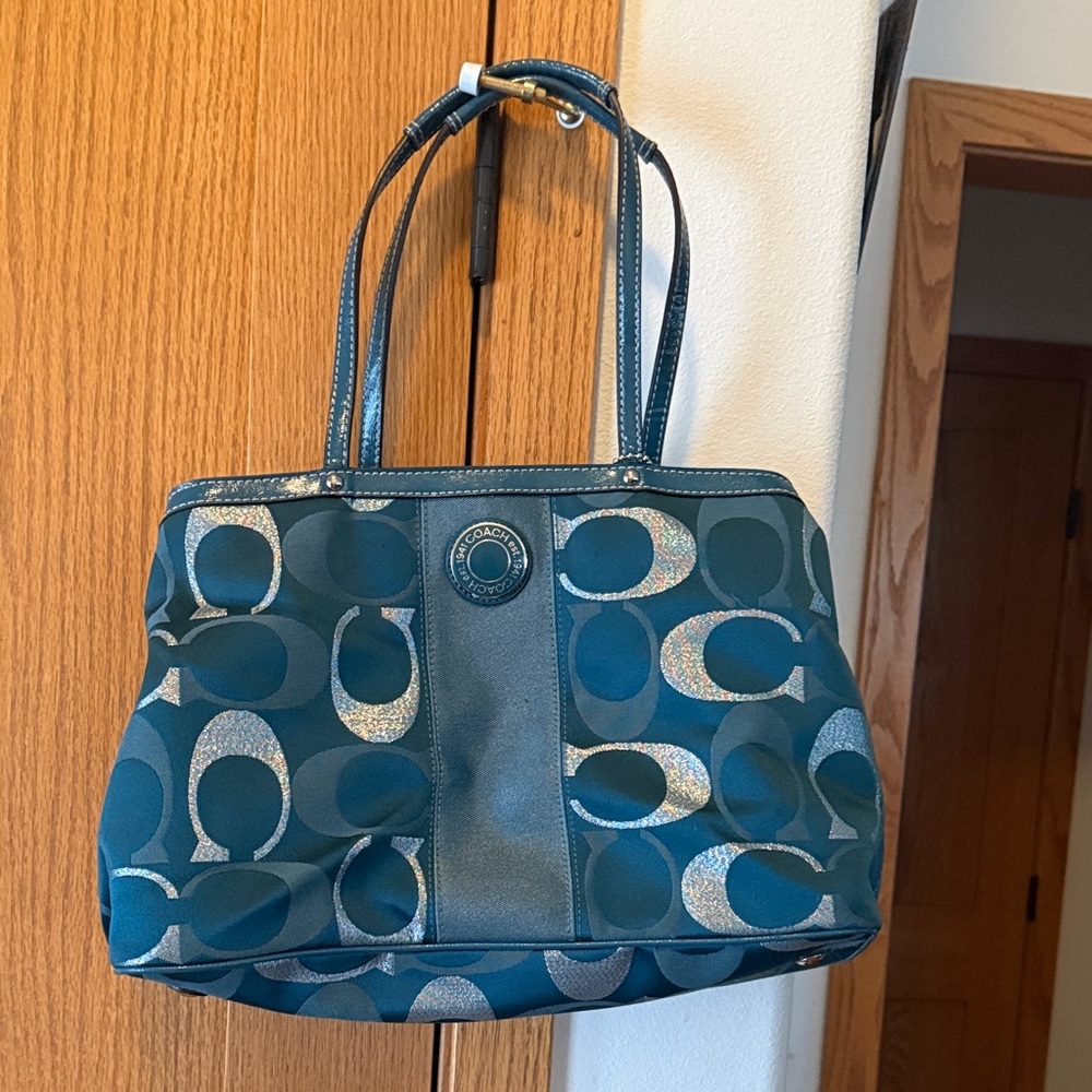 Vintage Coach Kisslock Teal and Silver Signature Tote Bag